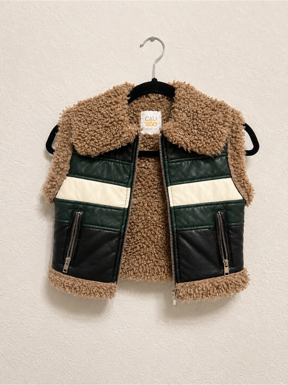 CALI 1850 Girls Sherpa-Lined Faux Leather Vest - Brown, Green & Cream